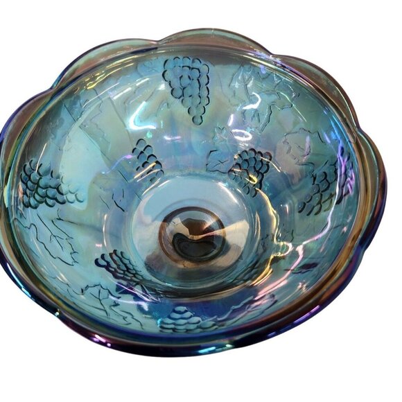 Vintage Indiana Iridescent Carnival Glass Grape Leaf Blue Compote Bowl Embossed - Picture 5 of 6